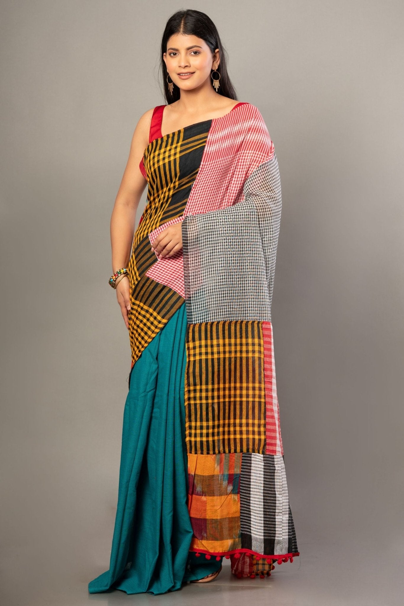 Blue Cotton Saree with Multicolor Gamcha Checks - Anvi Couture