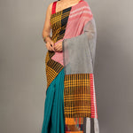 Blue Cotton Saree with Multicolor Gamcha Checks - Anvi Couture