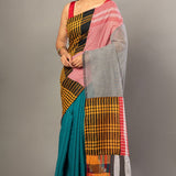 Blue Cotton Saree with Multicolor Gamcha Checks - Anvi Couture