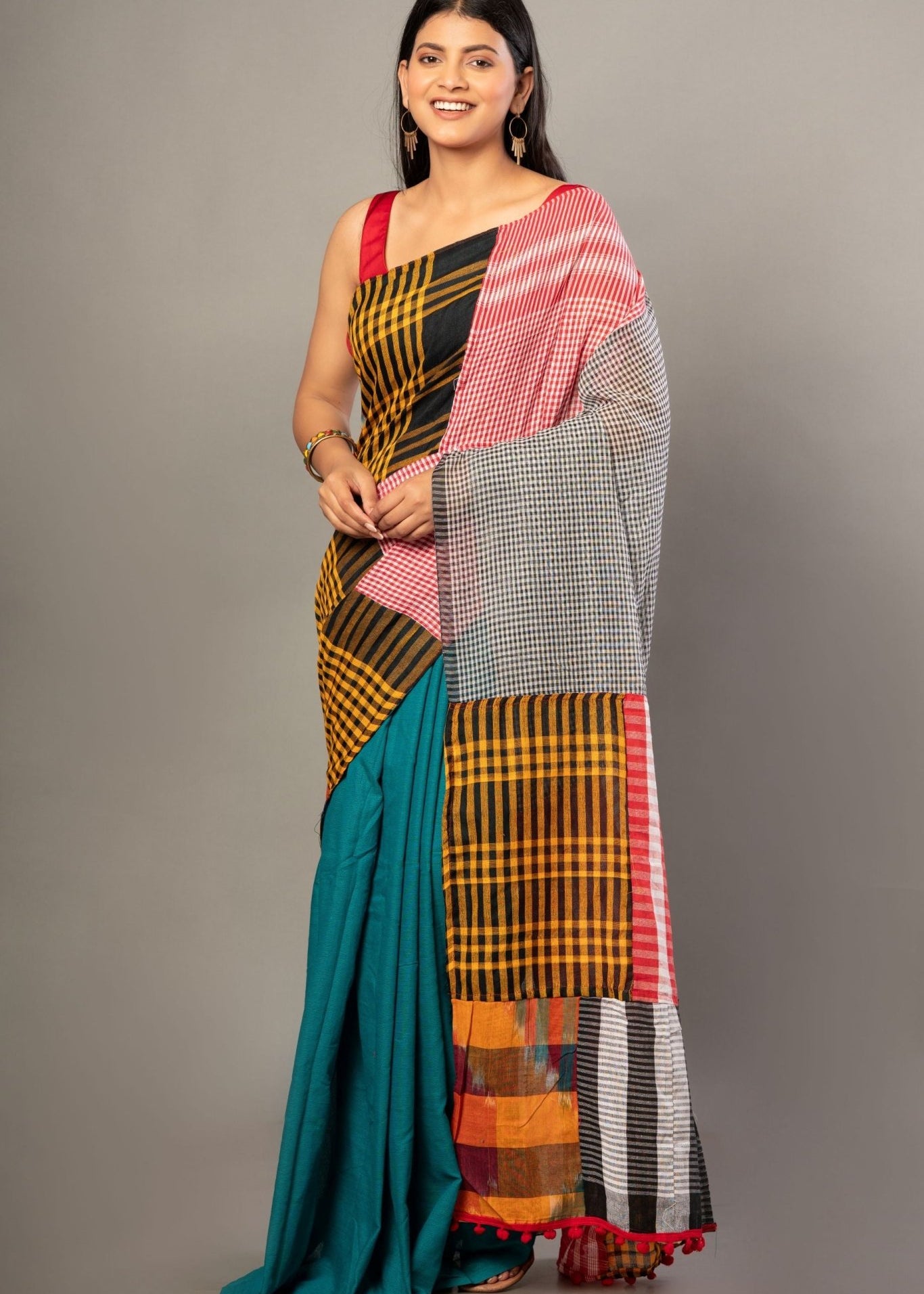 Blue Cotton Saree with Multicolor Gamcha Checks - Anvi Couture