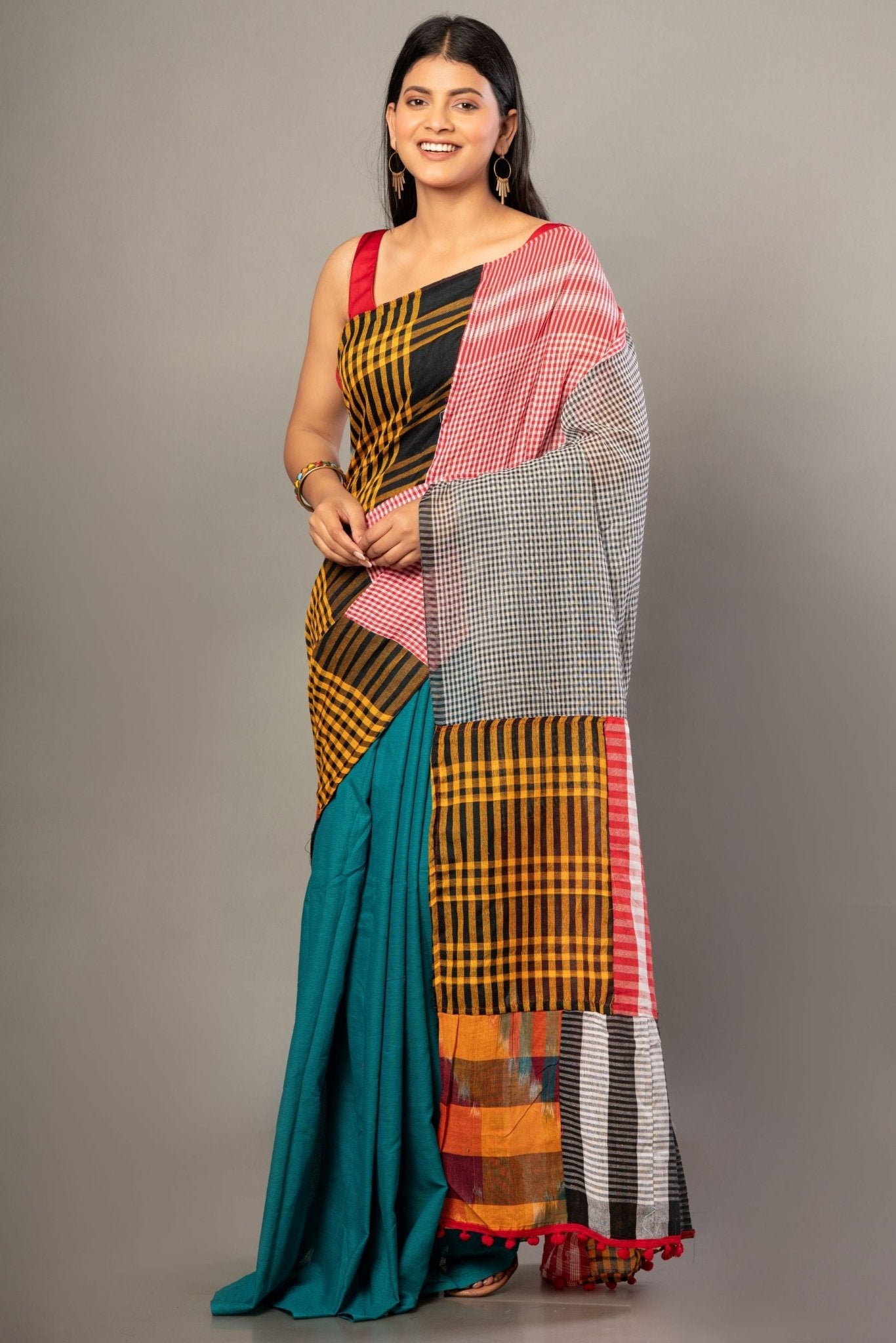 Blue Cotton Saree with Multicolor Gamcha Checks - Anvi Couture