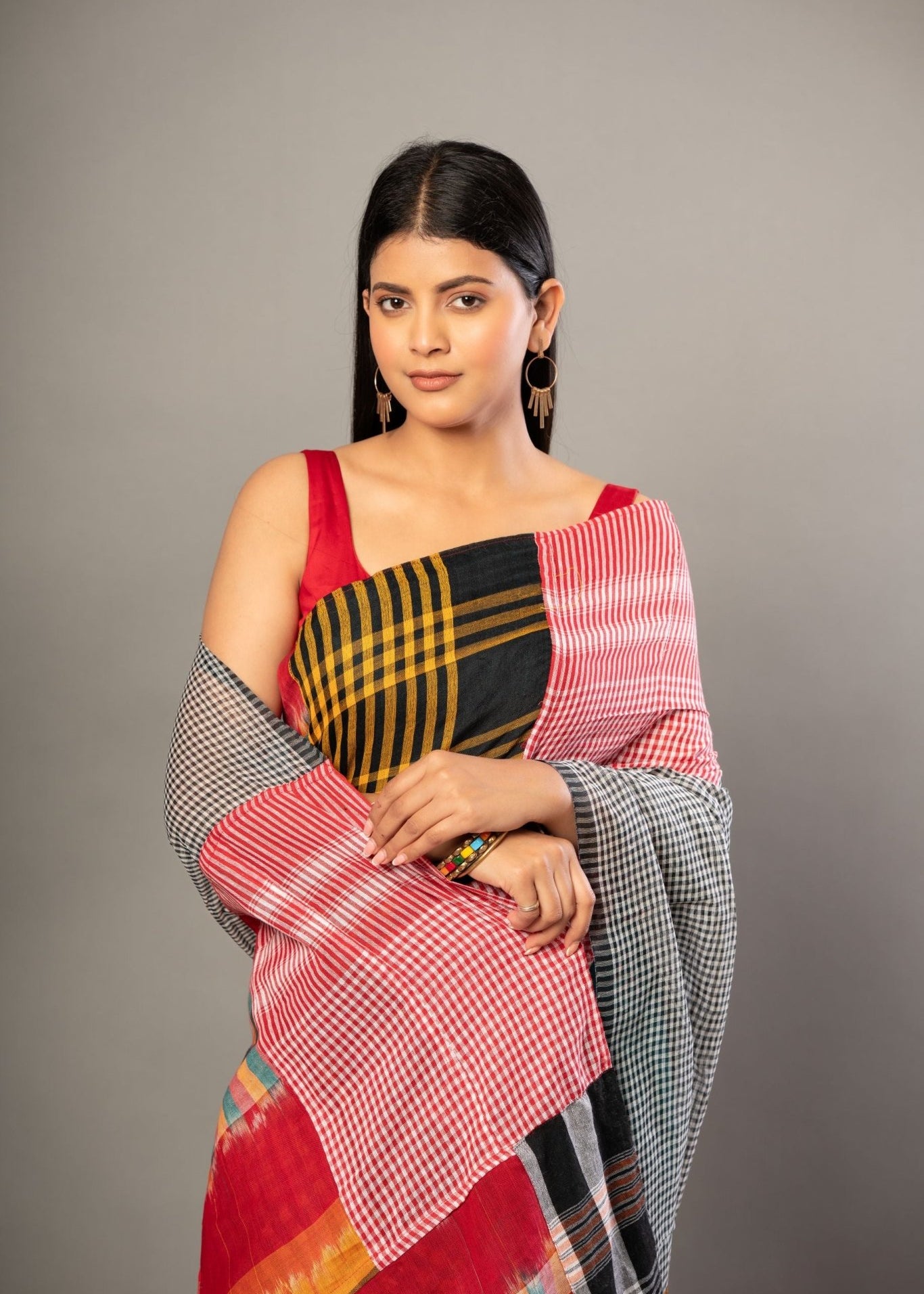 Blue Cotton Saree with Multicolor Gamcha Checks - Anvi Couture