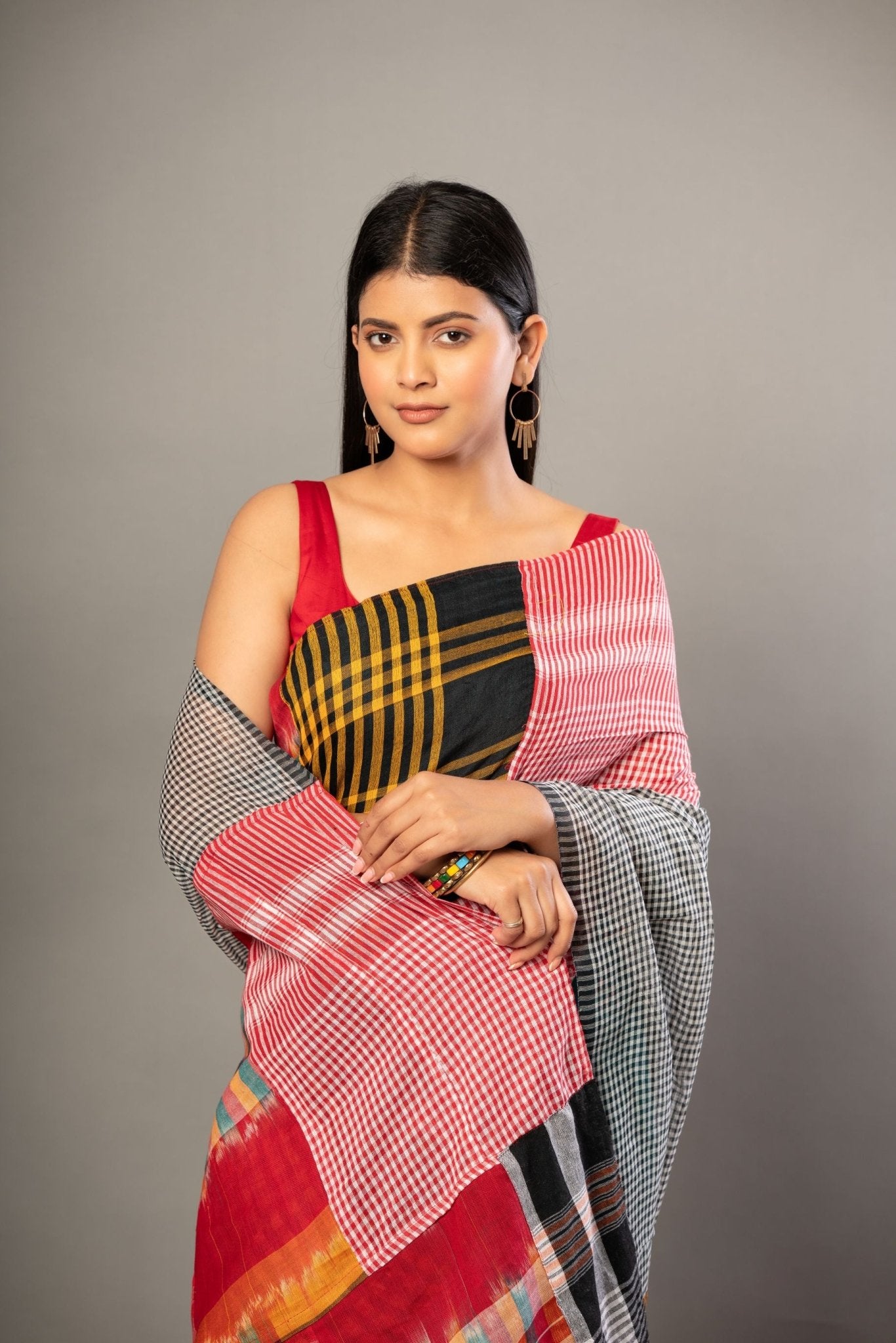 Blue Cotton Saree with Multicolor Gamcha Checks - Anvi Couture