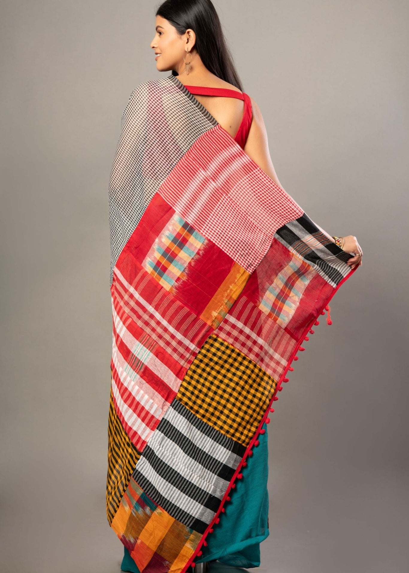 Blue Cotton Saree with Multicolor Gamcha Checks - Anvi Couture
