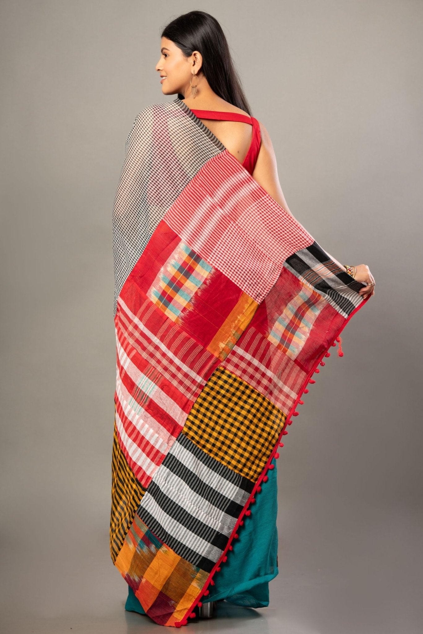 Blue Cotton Saree with Multicolor Gamcha Checks - Anvi Couture