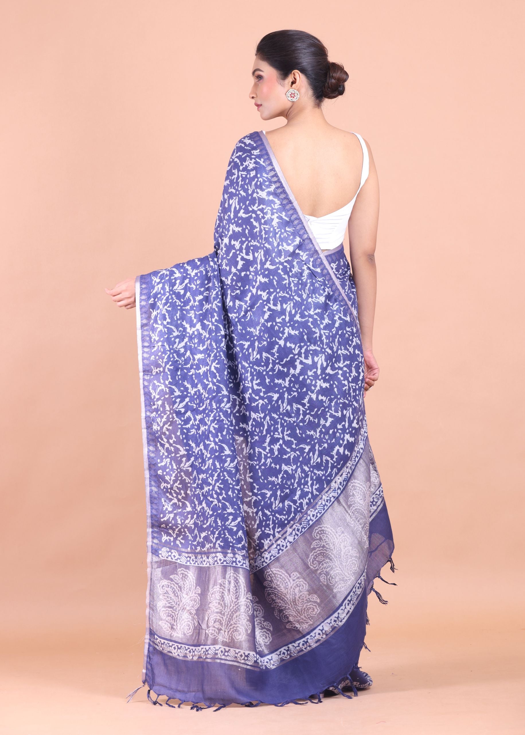  Blue Cotton Silk Printed Saree Side View Back