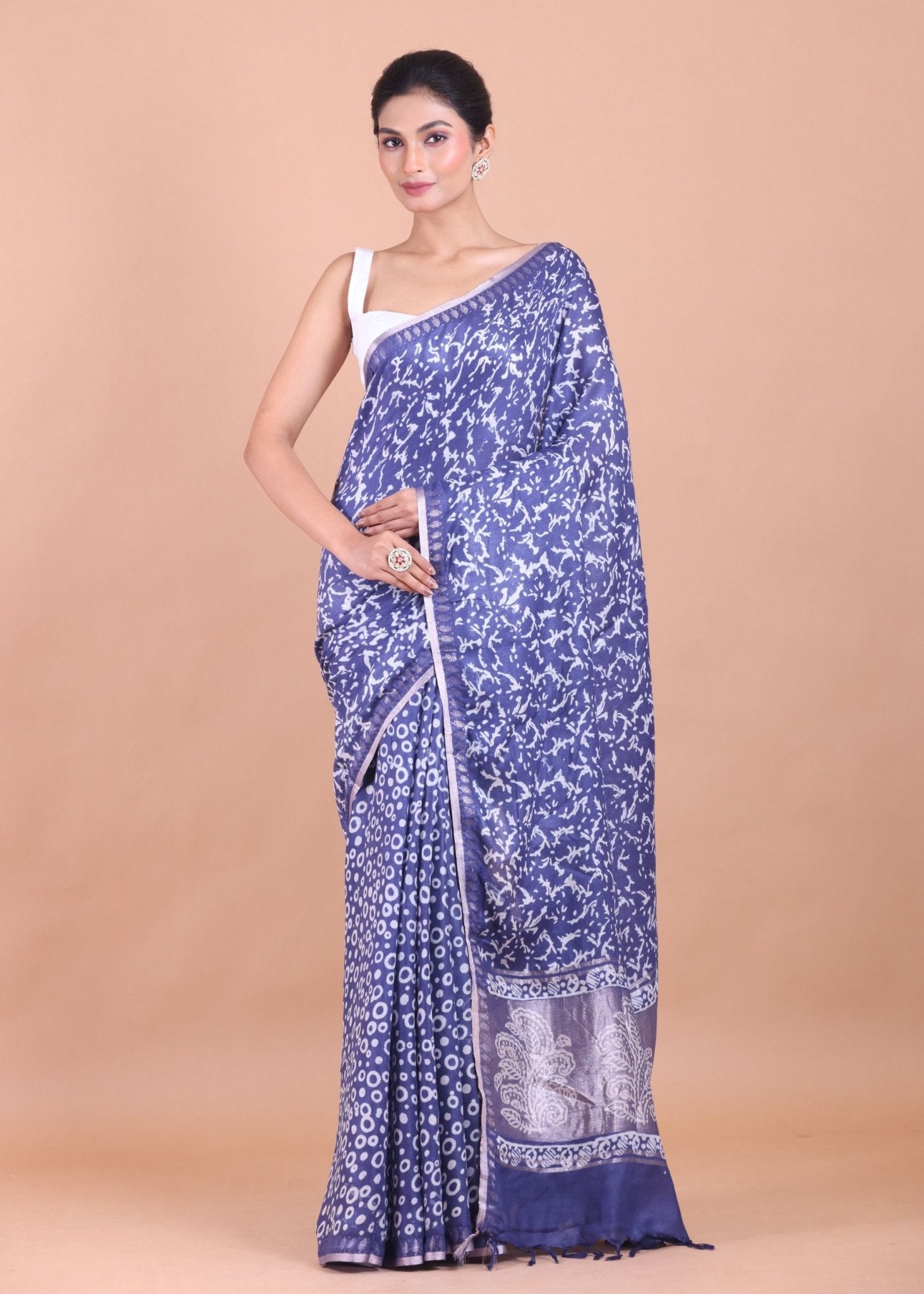 Blue Cotton Silk Printed Saree - Anvi Couture