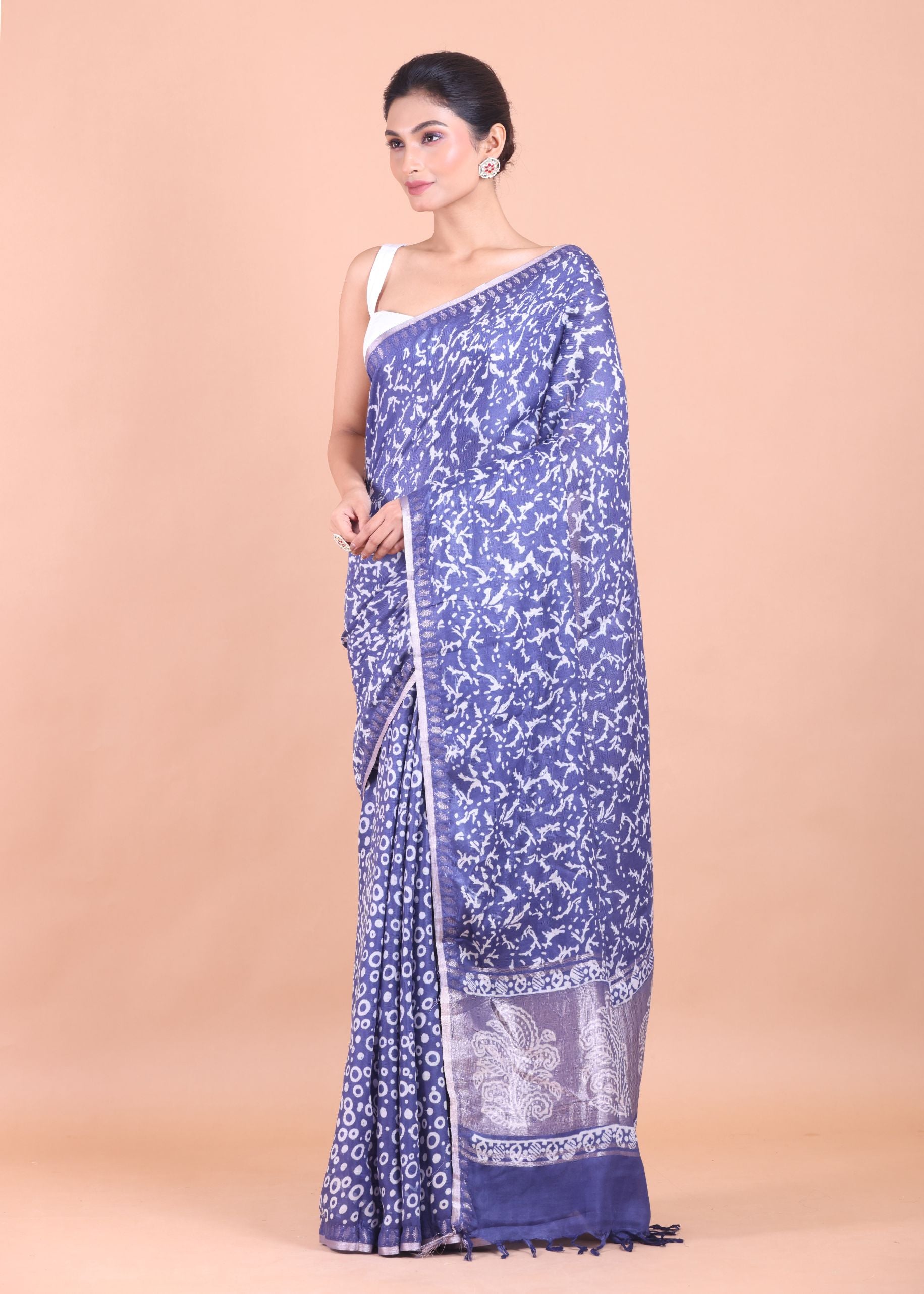  Blue Cotton Silk Printed Saree Side View
