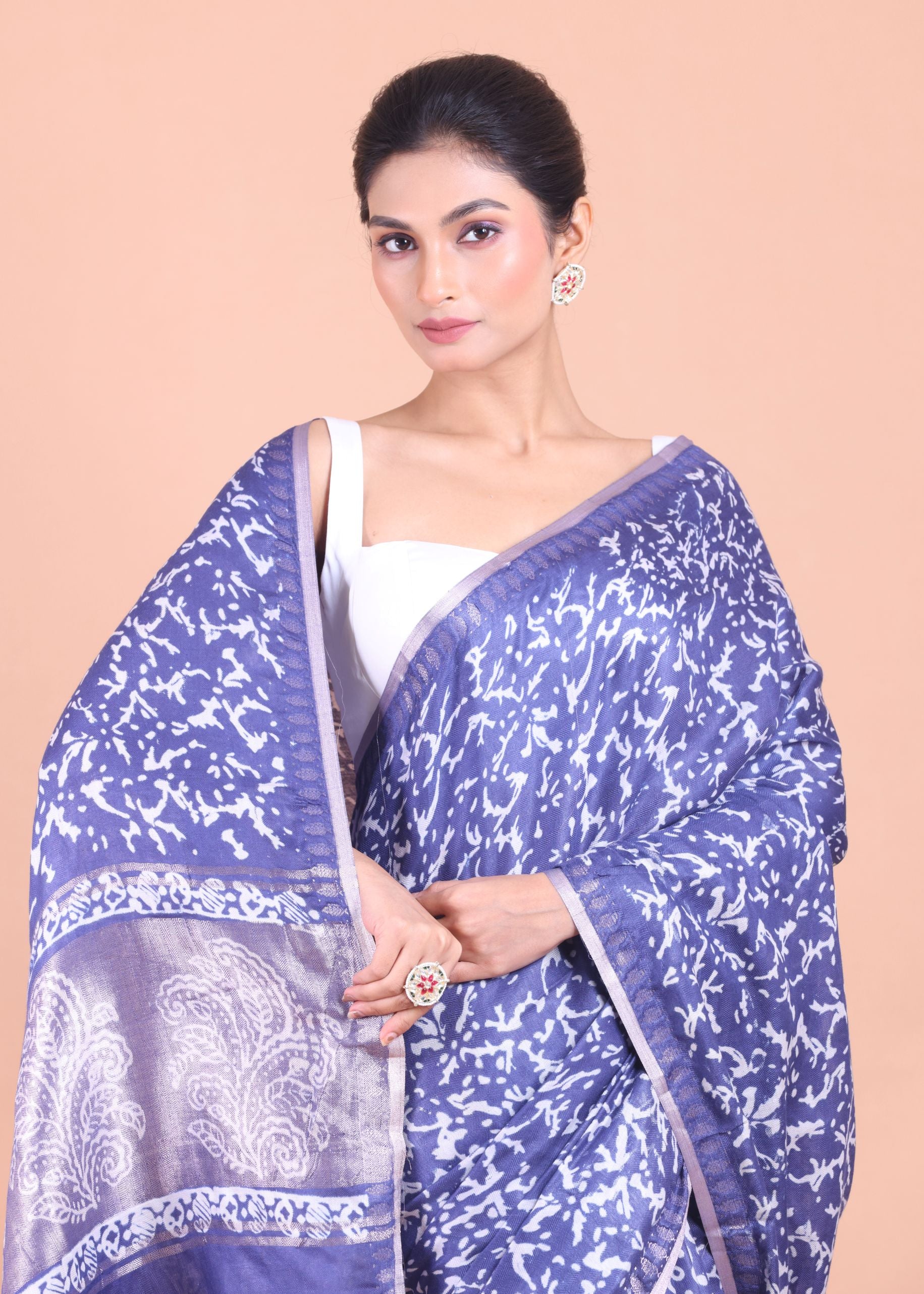  Blue Cotton Silk Printed Saree Close Up