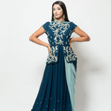 Blue Designer Drape Dress with Modern Silhouette -Anvi Couture