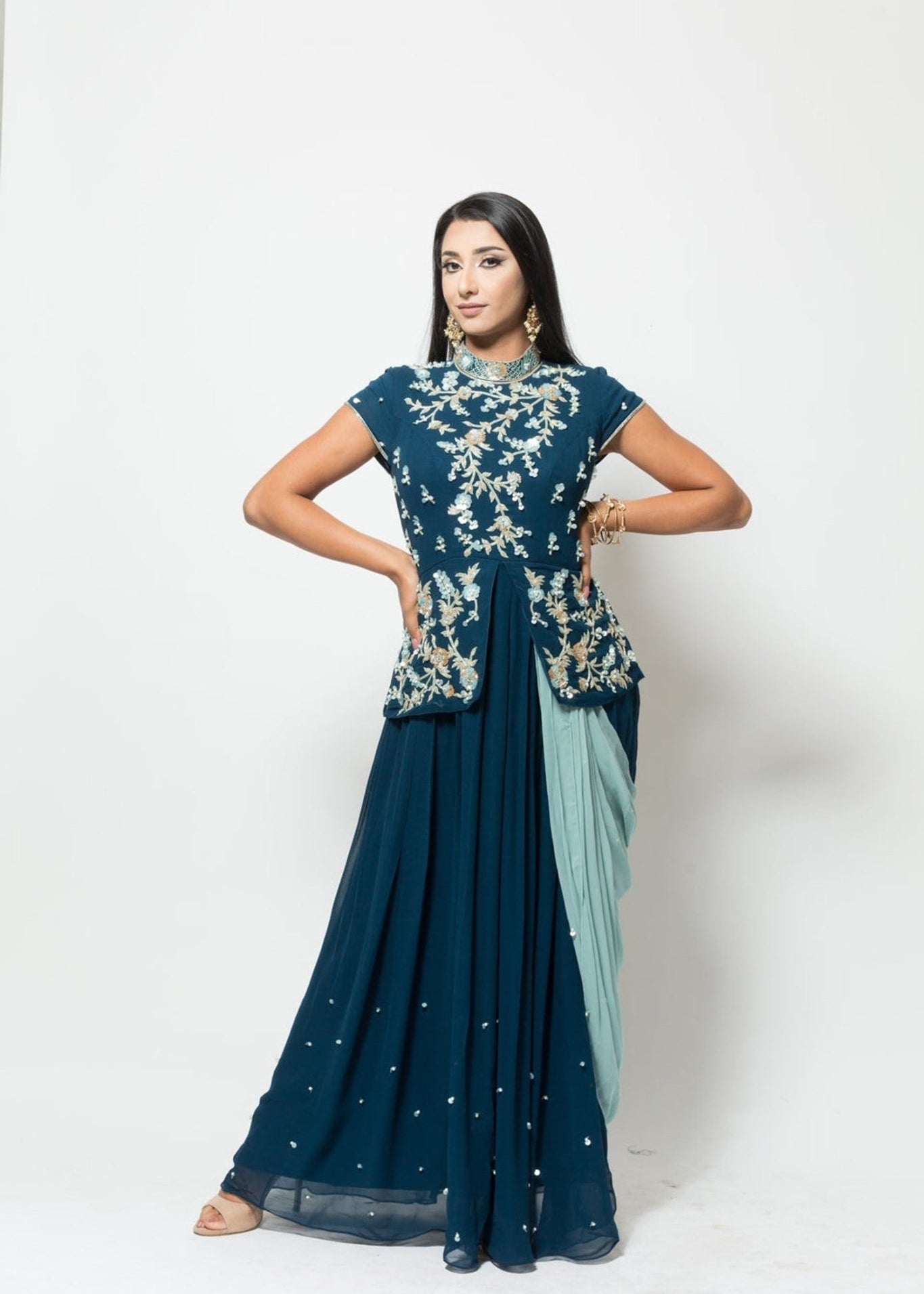 Blue Designer Drape Dress with Modern Silhouette -Anvi Couture