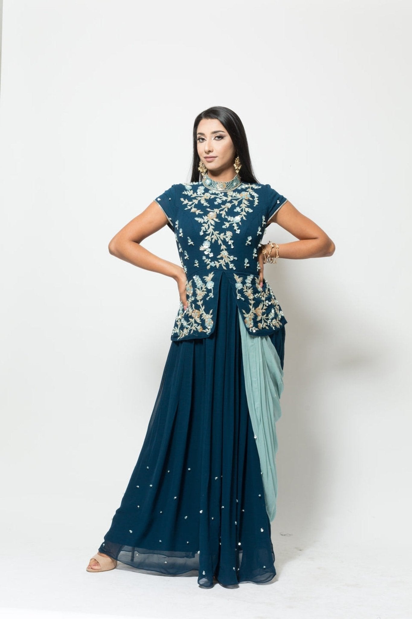 Blue Designer Drape Dress with Modern Silhouette -Anvi Couture