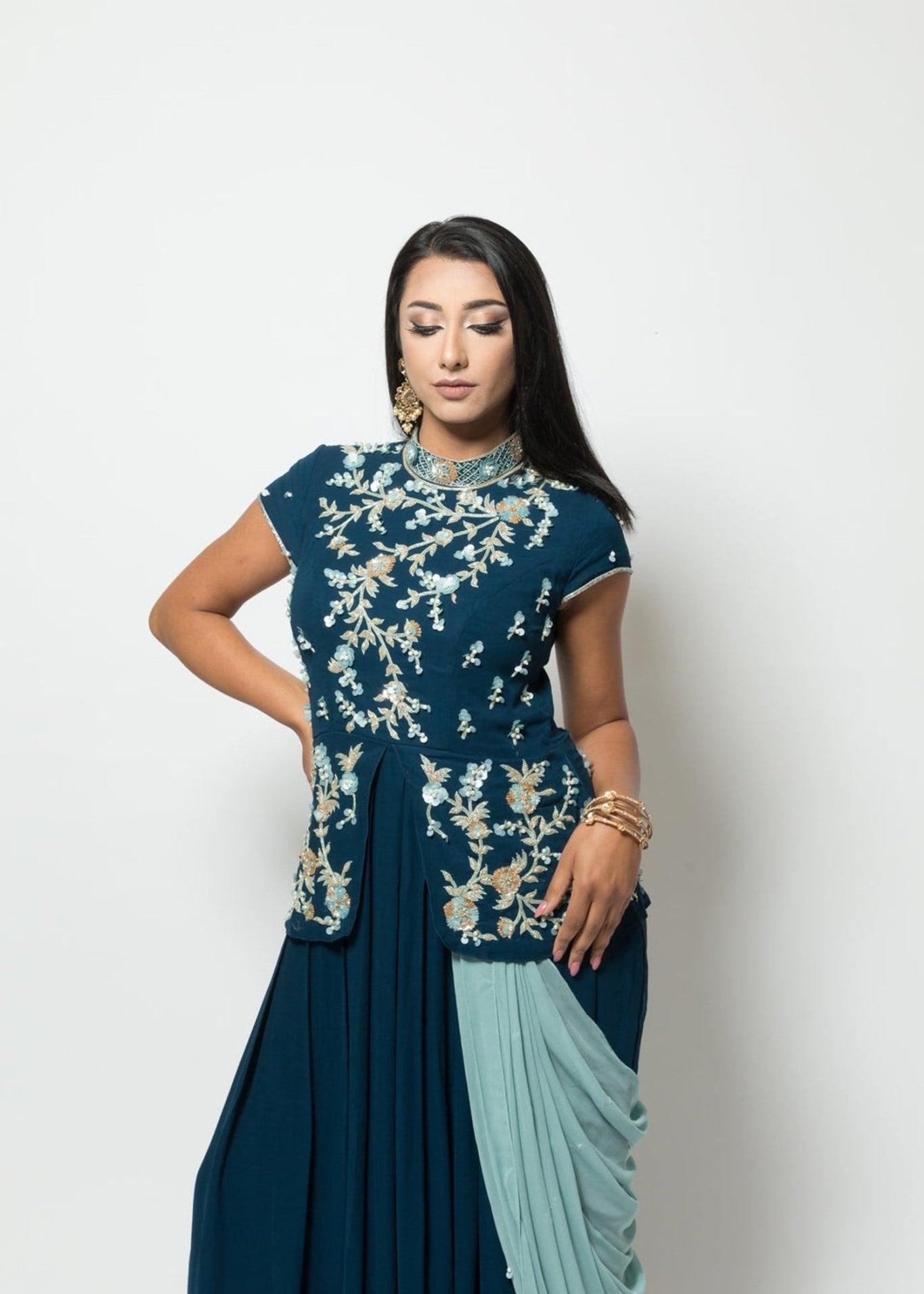Blue Designer Drape Dress with Modern Silhouette -Anvi Couture