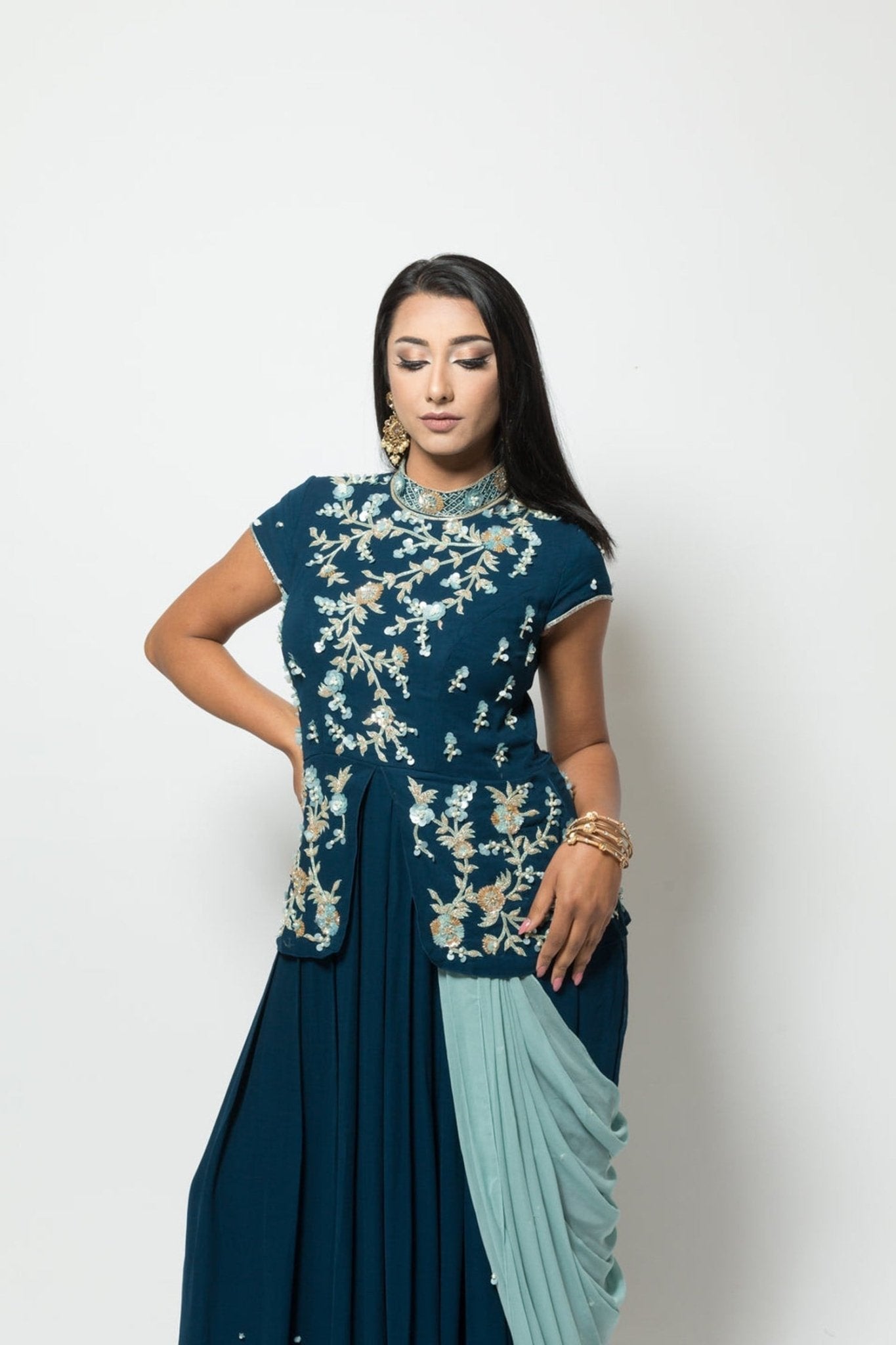 Blue Designer Drape Dress with Modern Silhouette -Anvi Couture