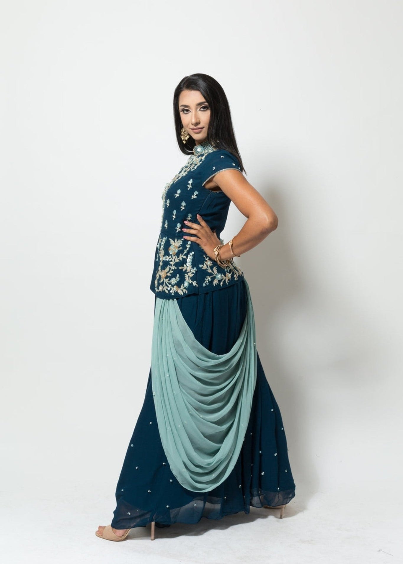 Blue Designer Drape Dress with Modern Silhouette -Anvi Couture