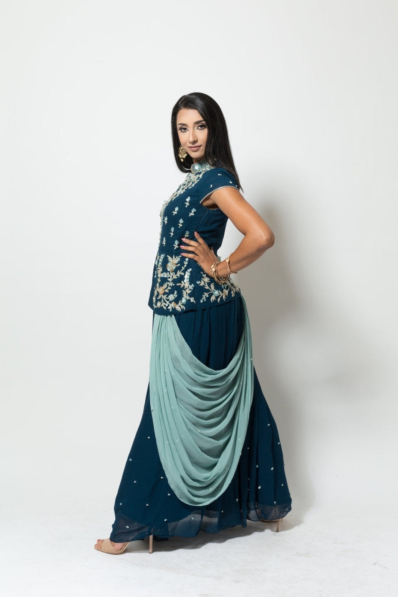 Blue Designer Drape Dress with Modern Silhouette -Anvi Couture