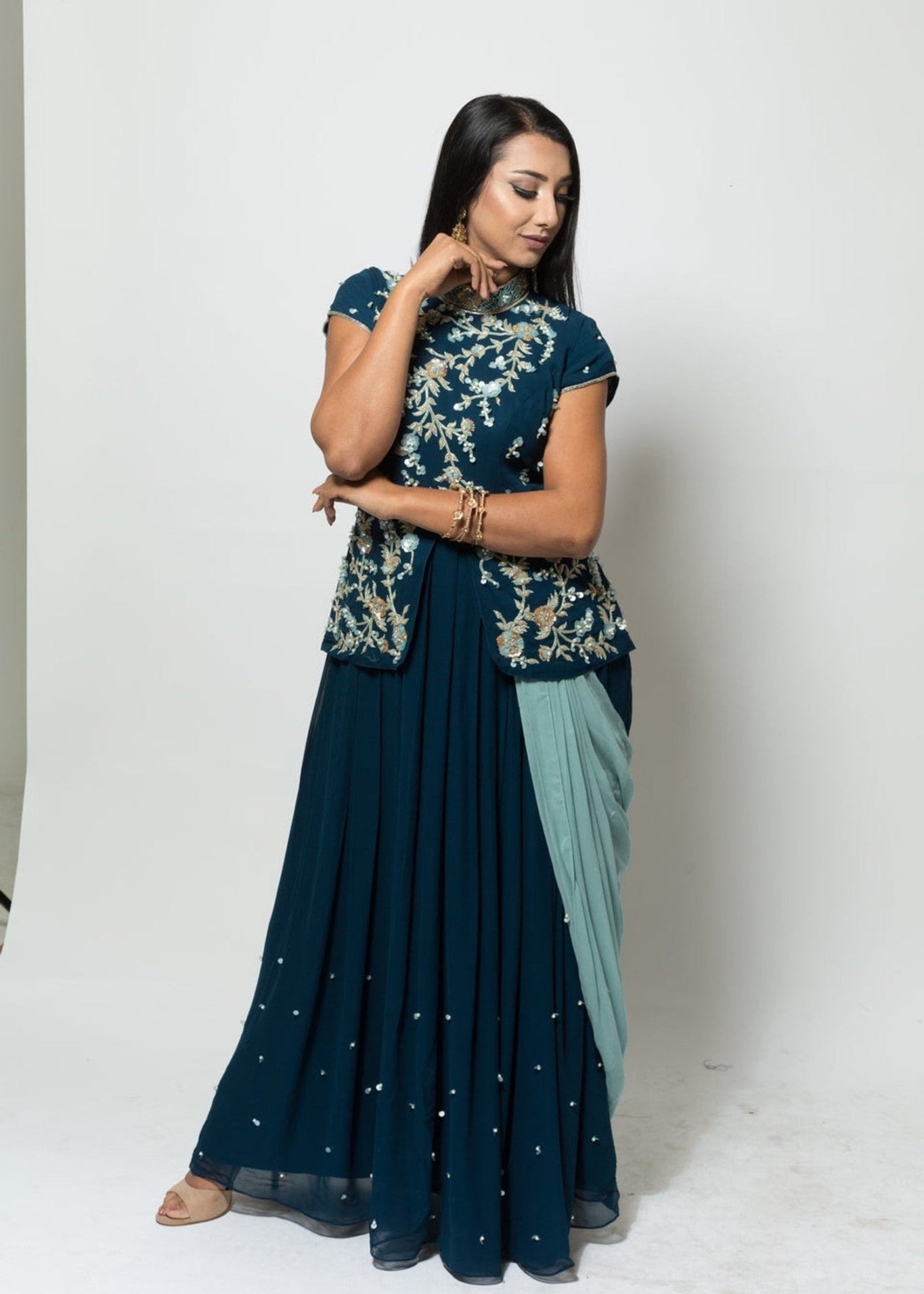 Blue Designer Drape Dress with Modern Silhouette -Anvi Couture