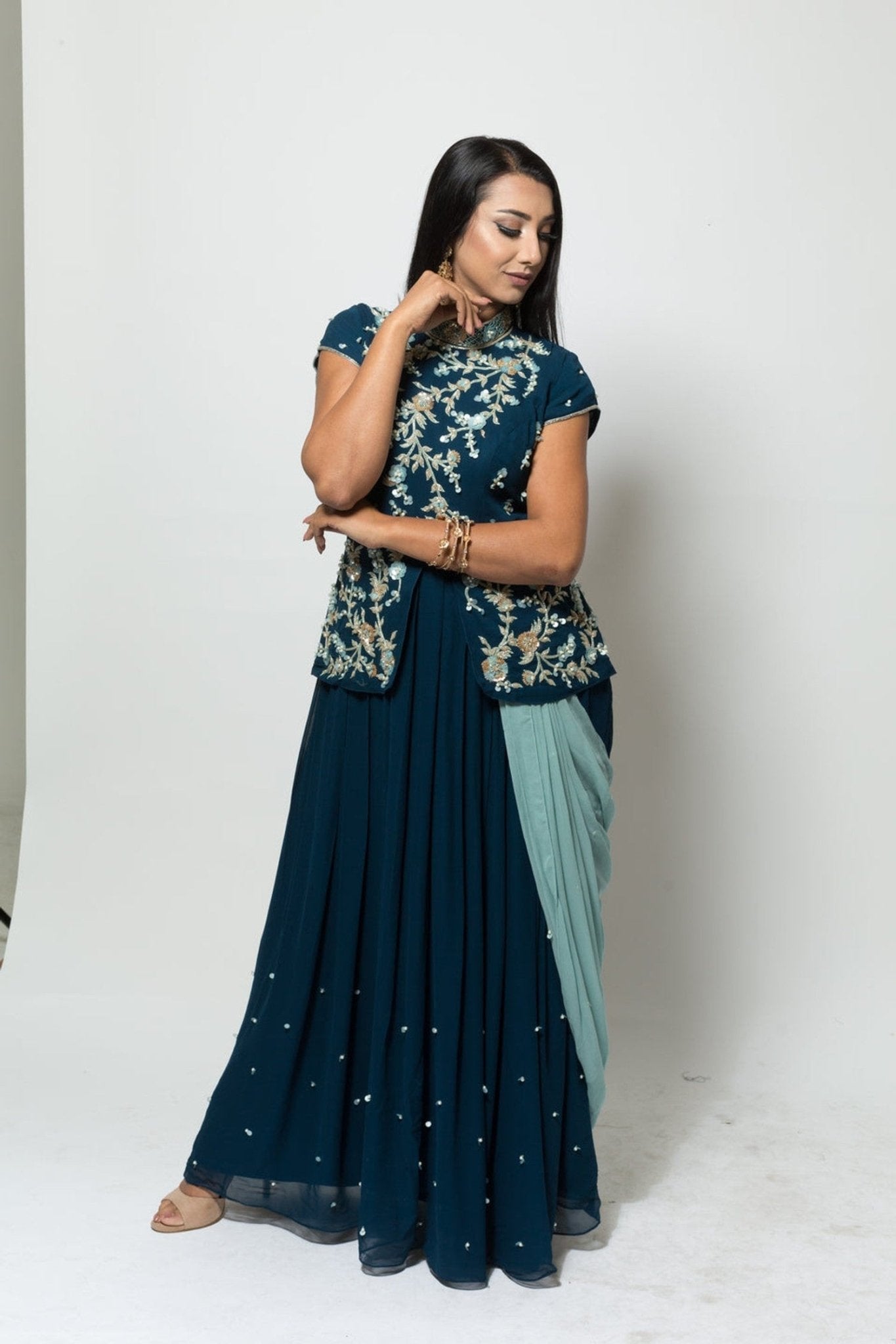 Blue Designer Drape Dress with Modern Silhouette -Anvi Couture