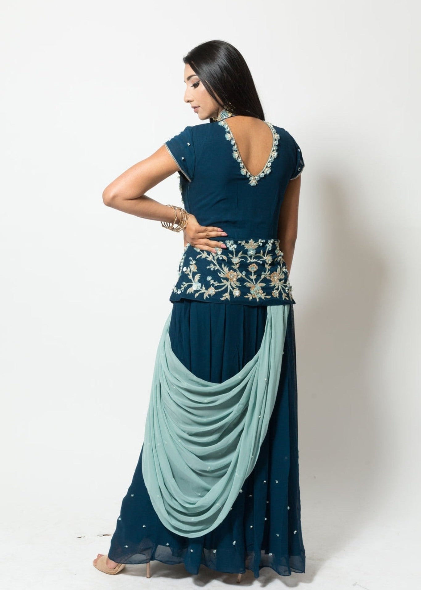 Blue Designer Drape Dress with Modern Silhouette -Anvi Couture