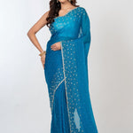 Blue Designer Embroidered Saree with Swarovski Work Full
