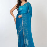 Blue Designer Embroidered Saree with Swarovski Work Full
