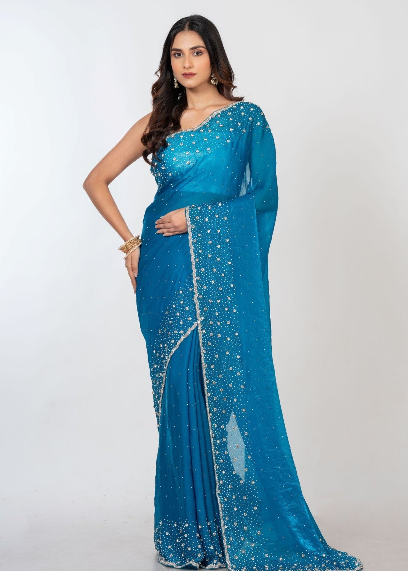 Blue Designer Embroidered Saree with Swarovski Work - Anvi Couture