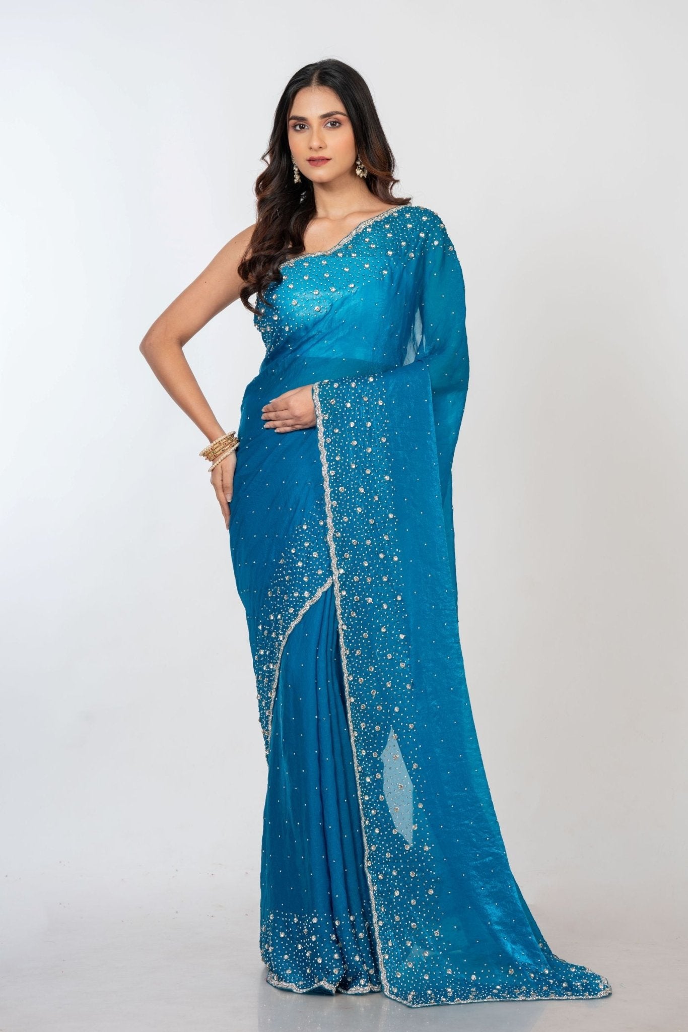 Blue Designer Embroidered Saree with Swarovski Work Full
