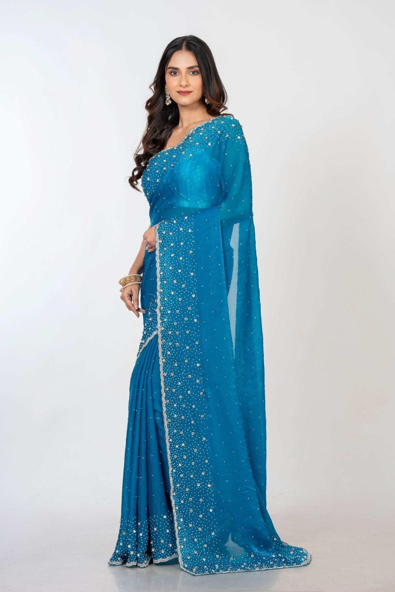 Blue Designer Embroidered Saree with Swarovski Work Front
