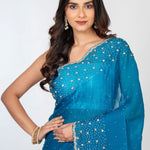 Blue Designer Embroidered Saree with Swarovski Work Close Up
