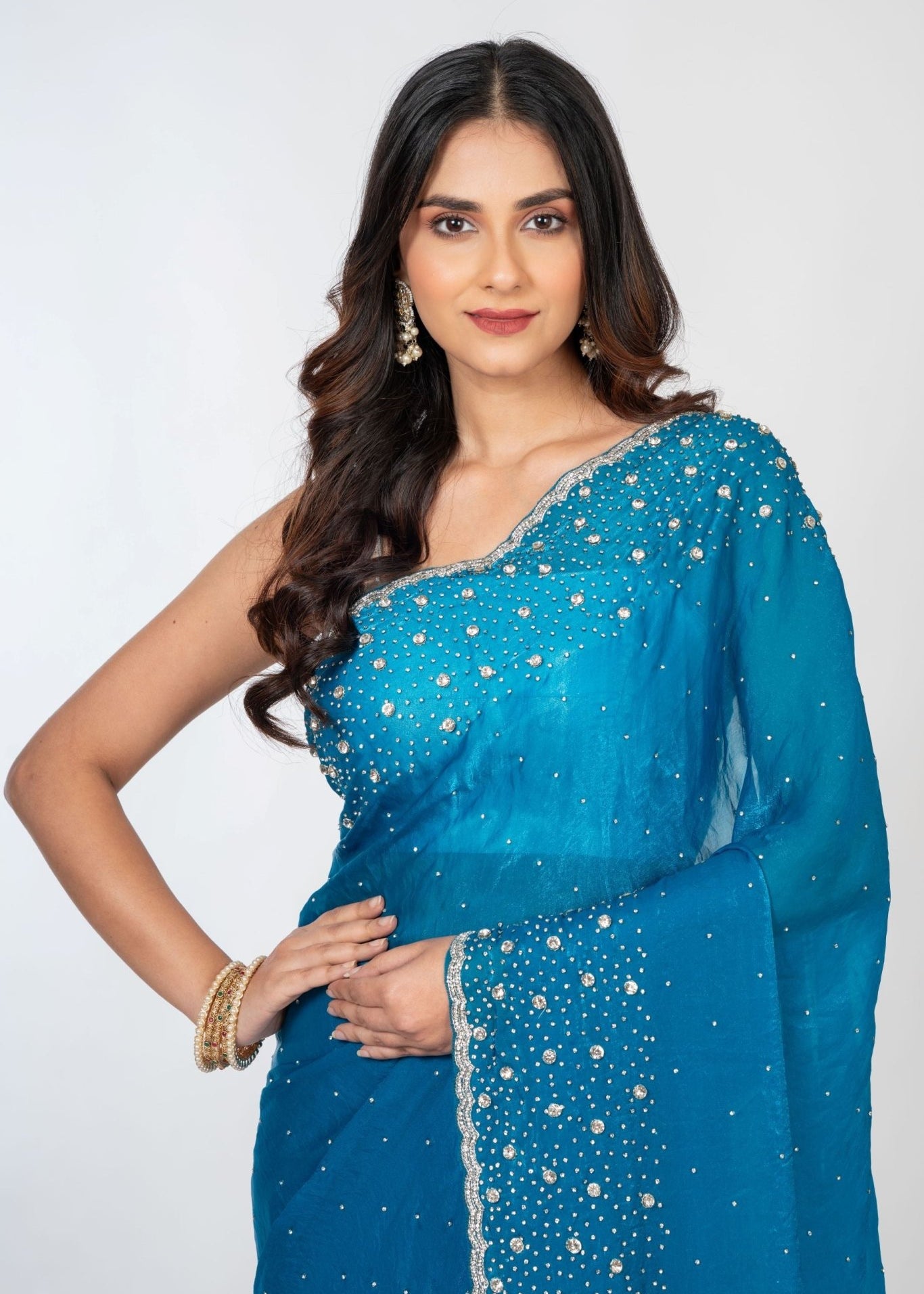 Blue Designer Embroidered Saree with Swarovski Work - Anvi Couture