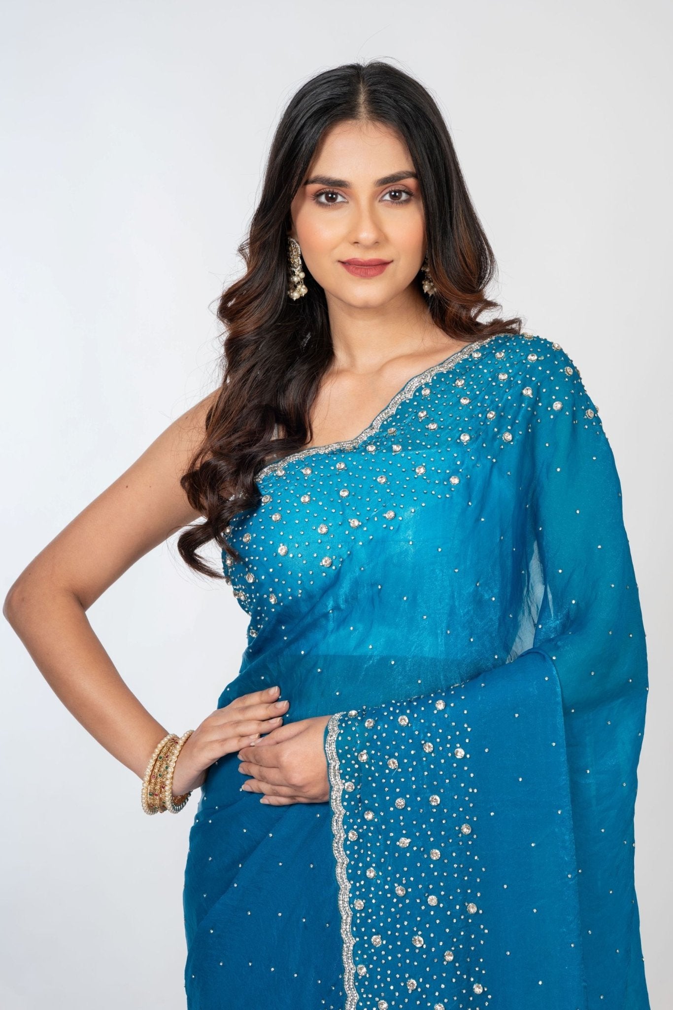 Blue Designer Embroidered Saree with Swarovski Work Close Up
