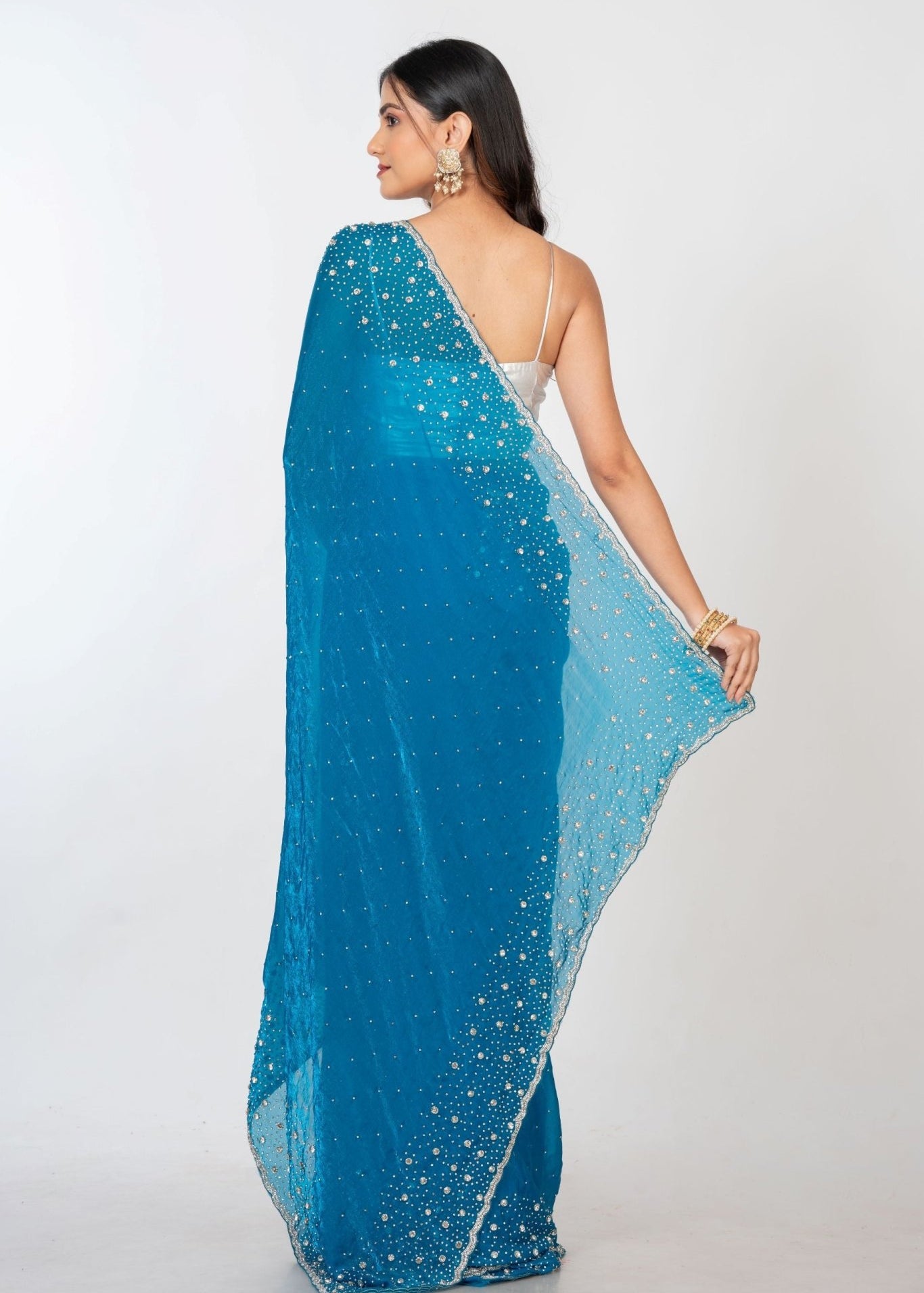 Blue Designer Embroidered Saree with Swarovski Work - Anvi Couture