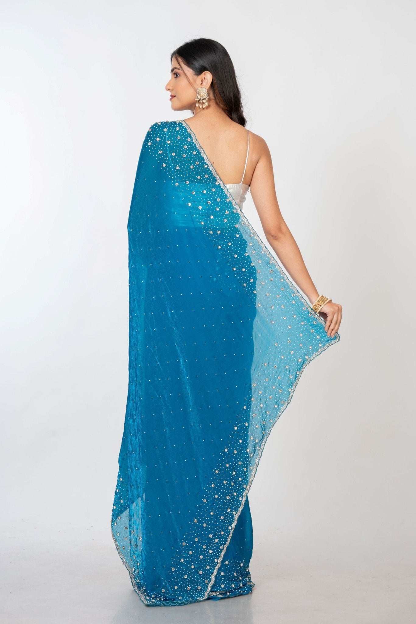 Blue Designer Embroidered Saree with Swarovski Work Back
