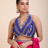 Blue Embroidered Raw Silk Sleeveless Blouse Full
