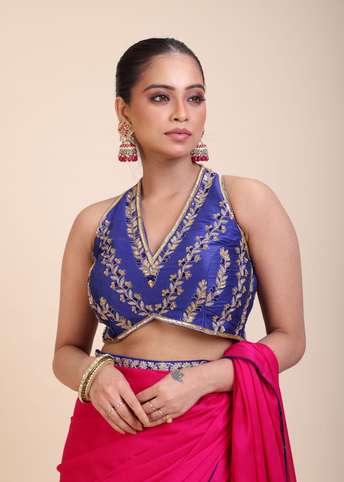 Blue Embroidered Raw Silk Sleeveless Blouse - Anvi Couture