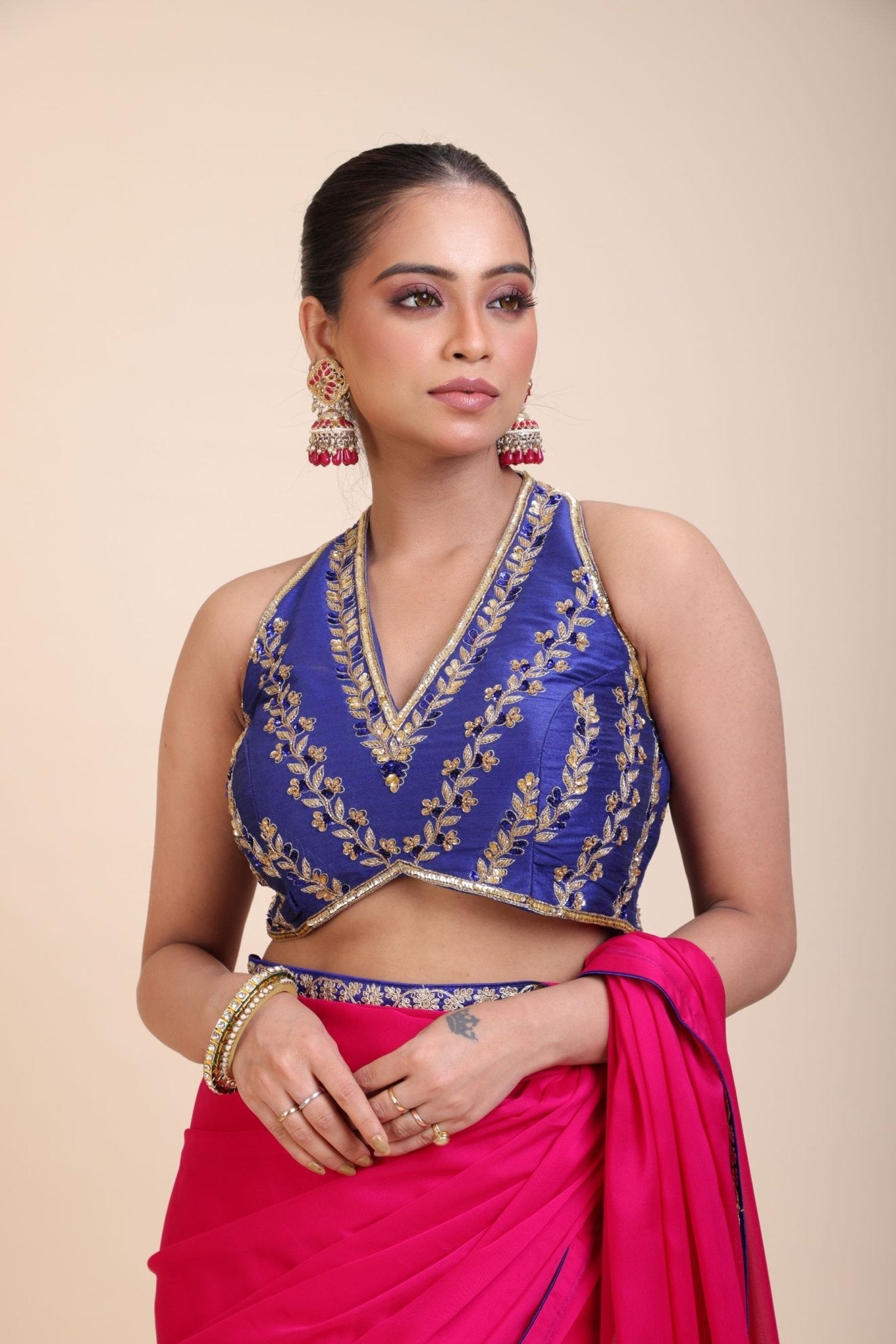 Blue Embroidered Raw Silk Sleeveless Blouse - Anvi Couture