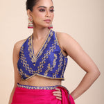 Blue Embroidered Raw Silk Sleeveless Blouse Front
