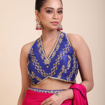 Blue Embroidered Raw Silk Sleeveless Blouse CloseUp
