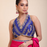 Blue Embroidered Raw Silk Sleeveless Blouse CloseUp
