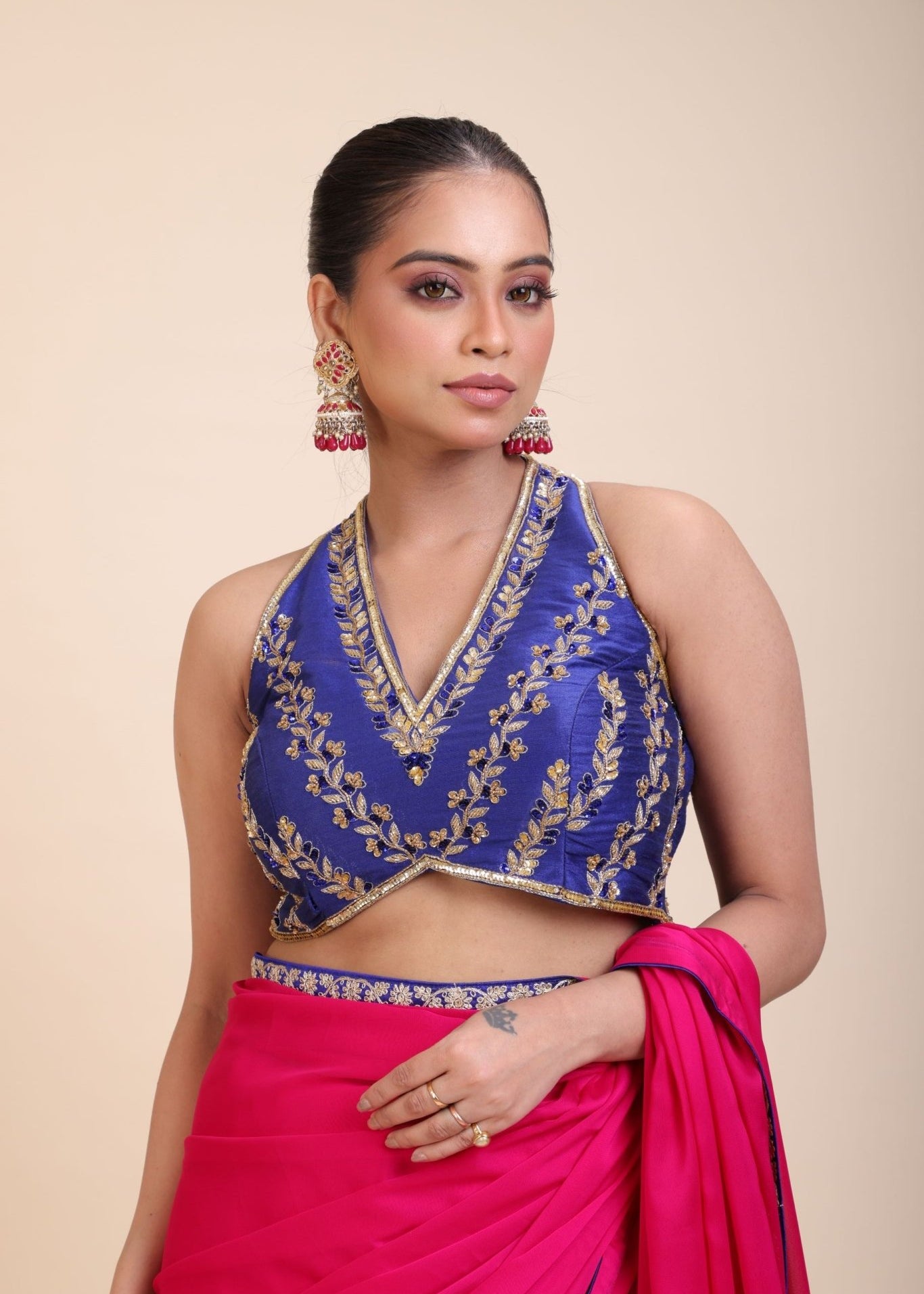 Blue Embroidered Raw Silk Sleeveless Blouse - Anvi Couture