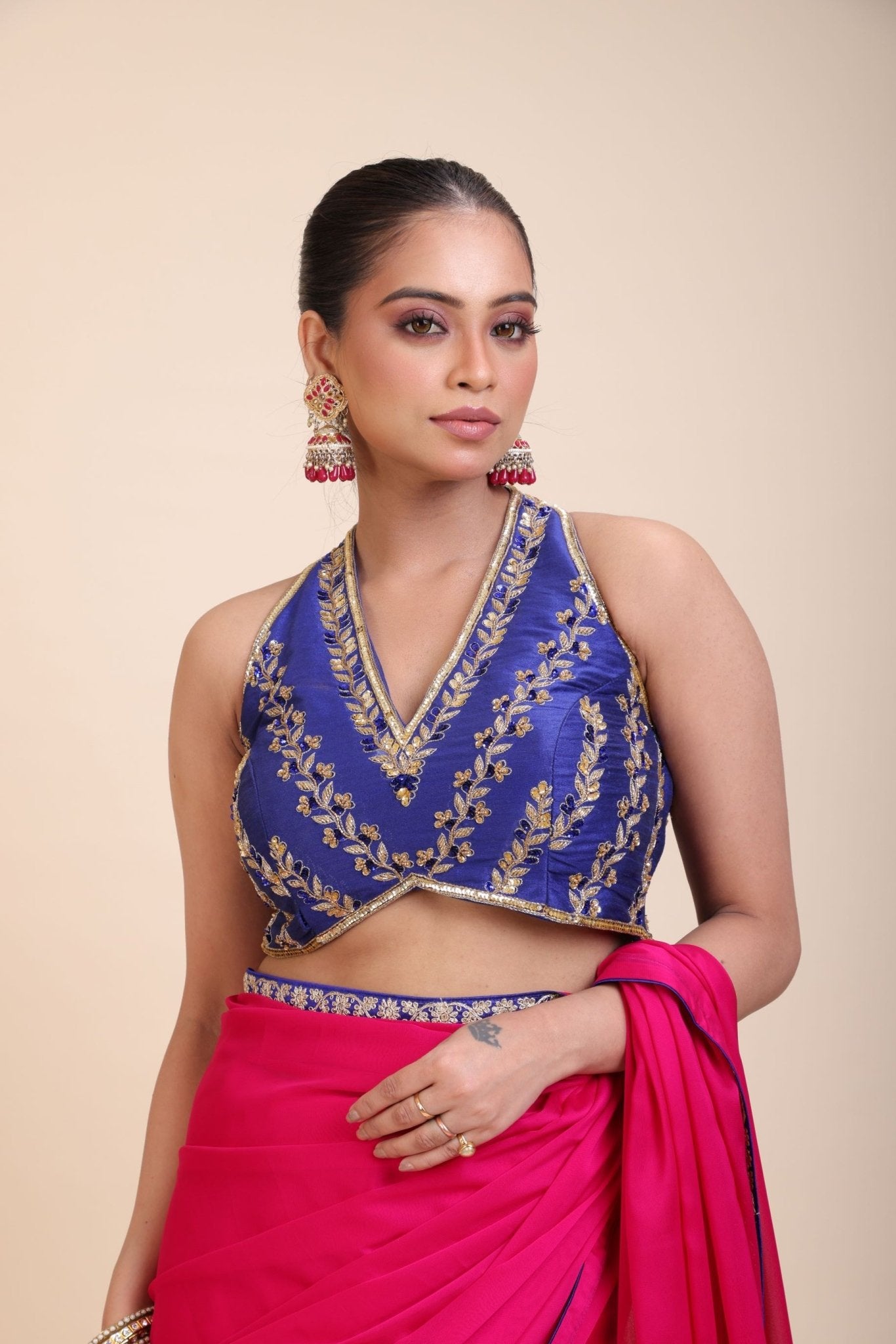 Blue Embroidered Raw Silk Sleeveless Blouse - Anvi Couture
