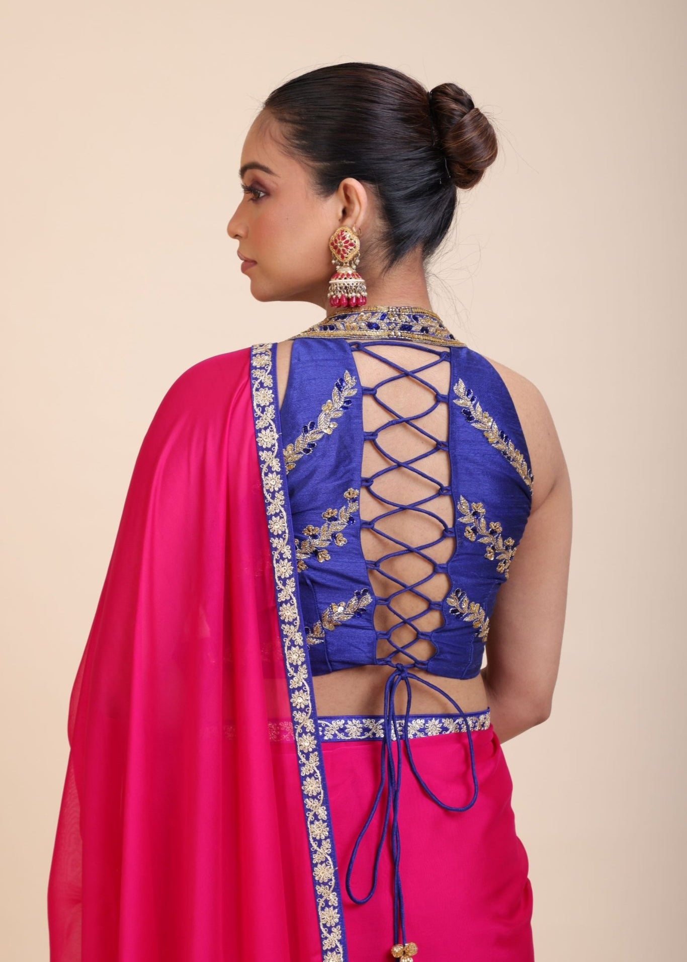 Blue Embroidered Raw Silk Sleeveless Blouse - Anvi Couture