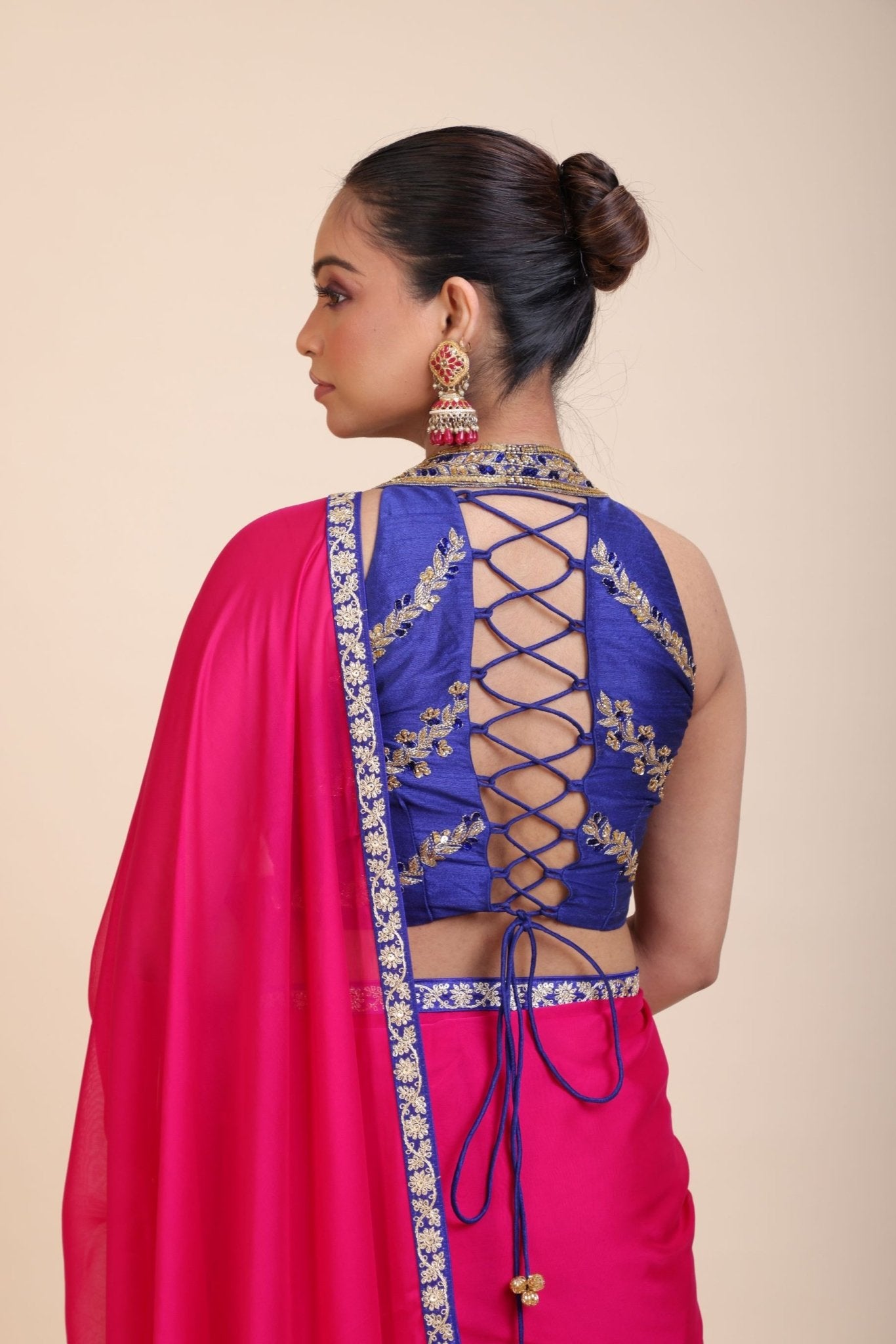 Blue Embroidered Raw Silk Sleeveless Blouse - Anvi Couture