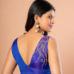 Blue Embroidered V Neck Sleeveless Blouse in Pure Silk - Back