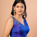 Blue Embroidered V Neck Sleeveless Blouse in Pure Silk - Side 2