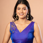Blue Embroidered V Neck Sleeveless Blouse in Pure Silk - Front