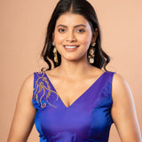 Blue Embroidered V Neck Sleeveless Blouse in Pure Silk - Front