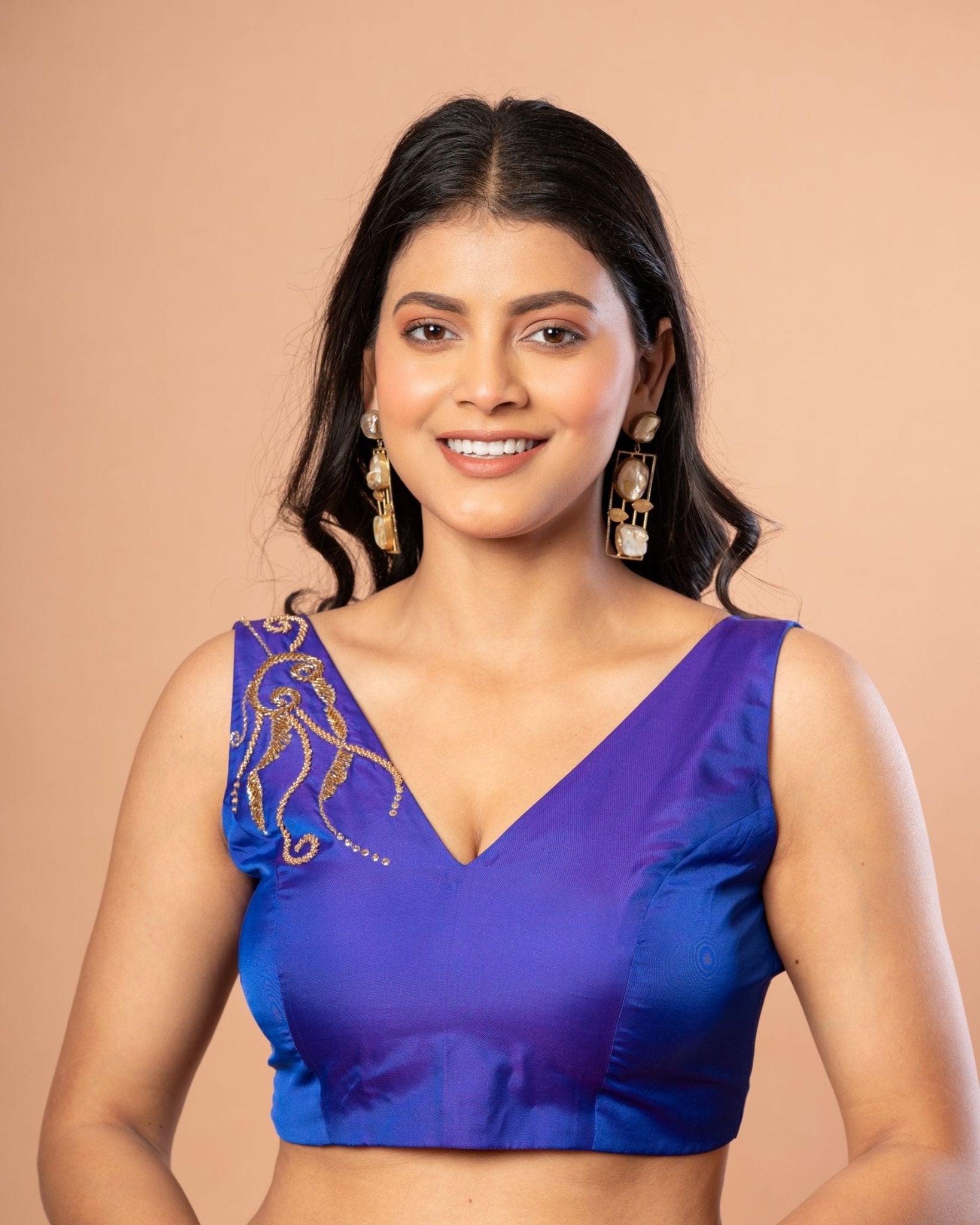 Blue Embroidered V Neck Sleeveless Blouse in Pure Silk - Front