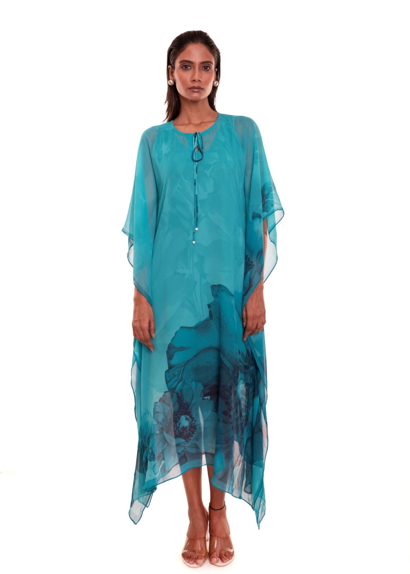 Blue Floral Georgette Kaftan Dress - Anvi Couture
