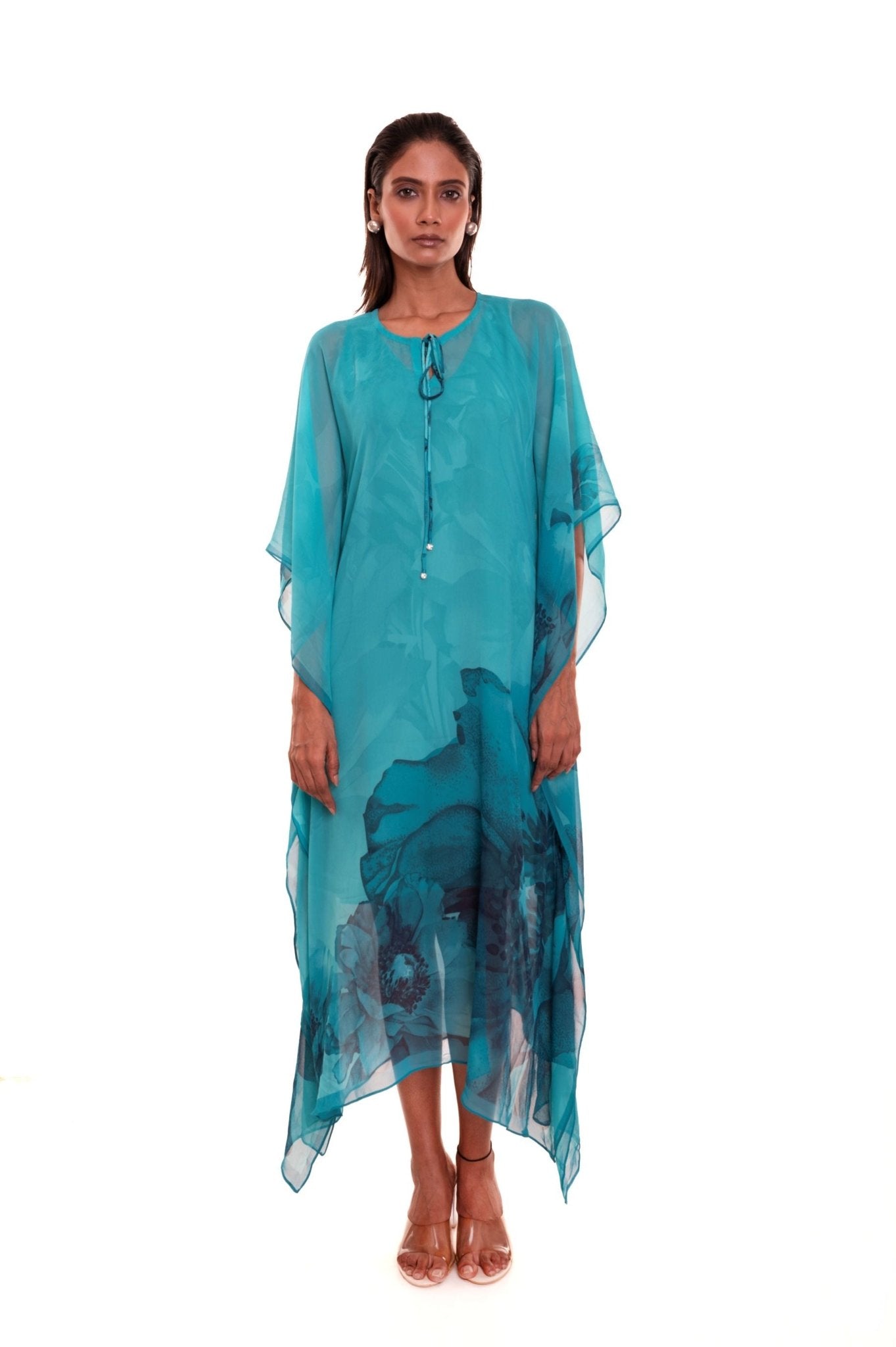 Blue Floral Georgette Kaftan Dress - Anvi Couture